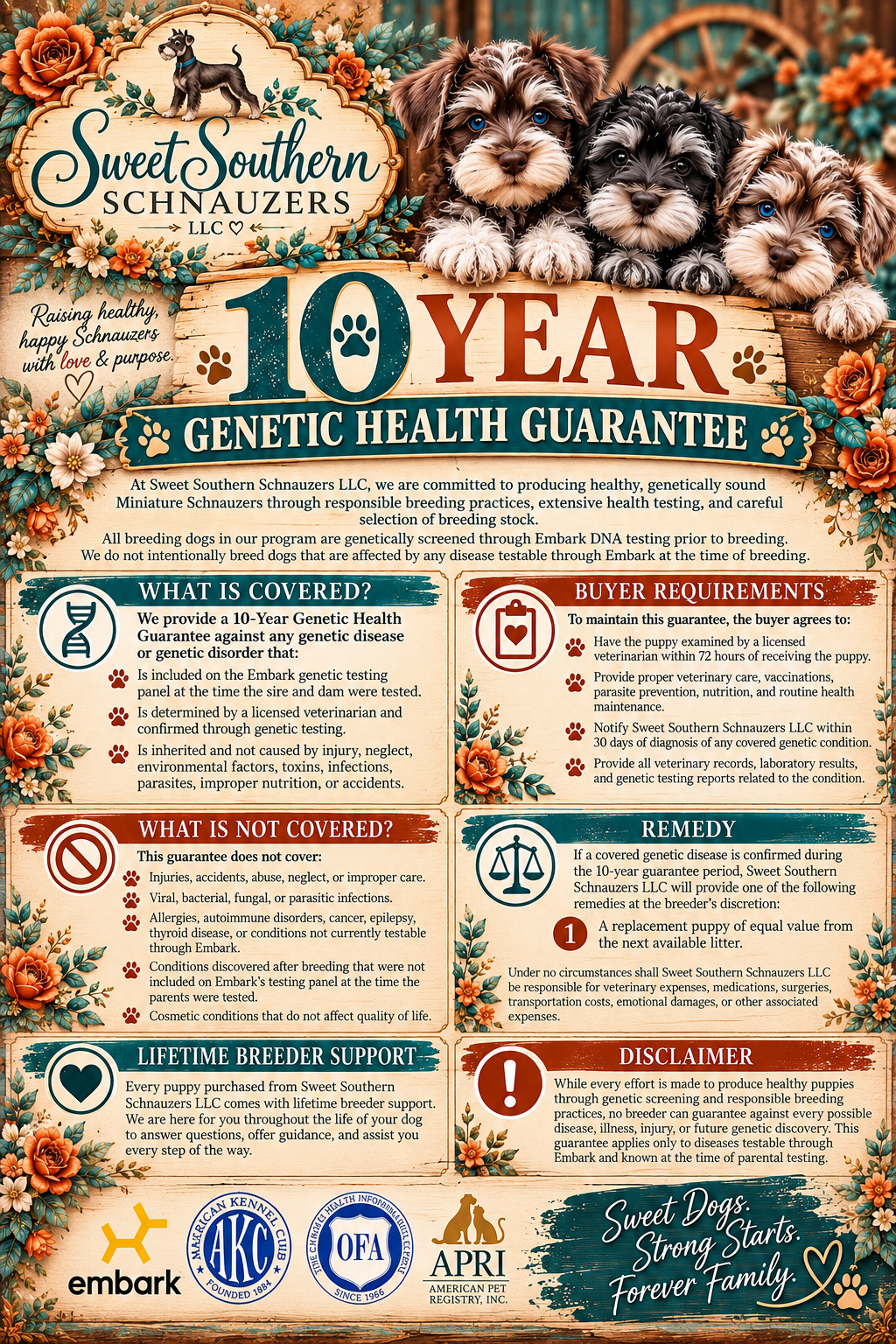 Sweet Southern Schnauzers 10-year genetic health guarantee, including coverage, buyer requirements, exclusions, remedy, lifetime breeder support, and disclaimer