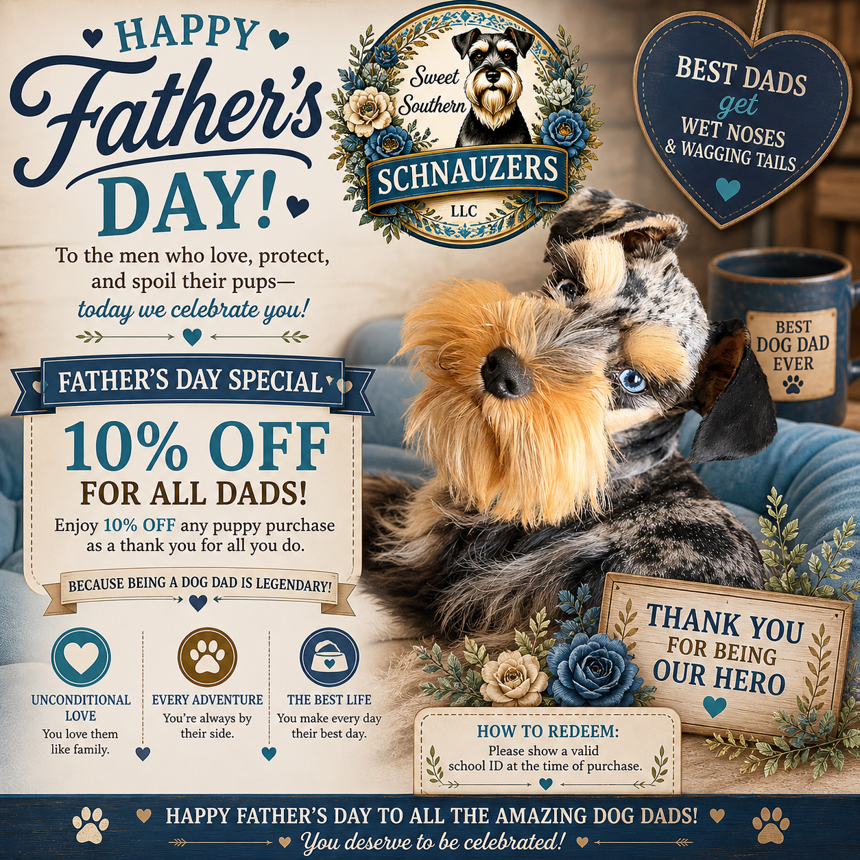 Happy Father's Day Special: 10% off any puppy purchase for all dads as a thank you for the unconditional love, every adventure, and the best life they give their families.