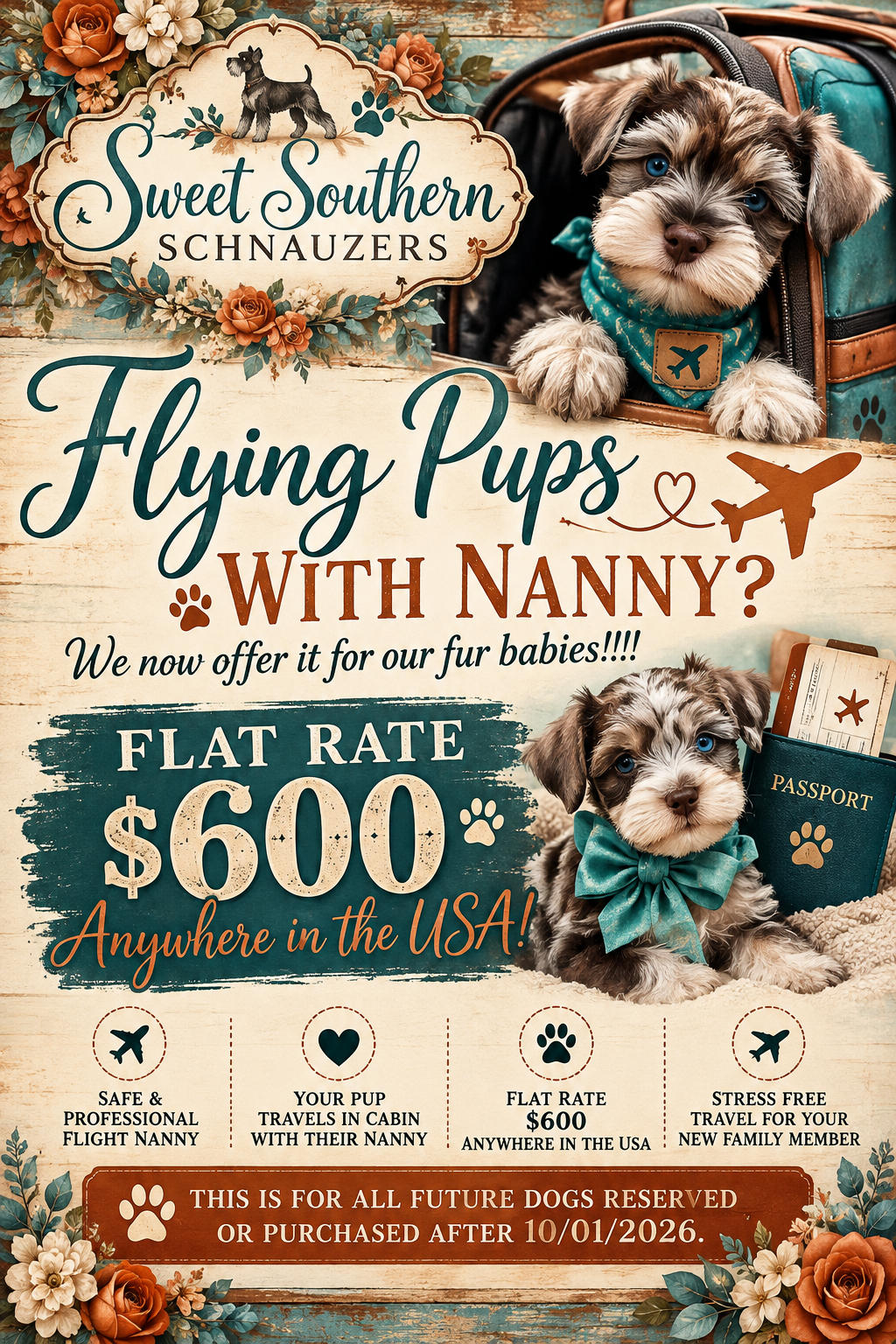 Sweet Southern Schnauzers flight nanny offer: $600 flat rate anywhere in the USA for future dogs reserved or purchased after October 1, 2026.