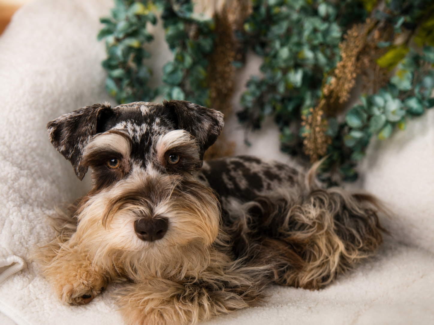 Gianna, a liver harlequin merle Miniature Schnauzer with rust points, relaxing on a cream chair against a teal floral backdrop