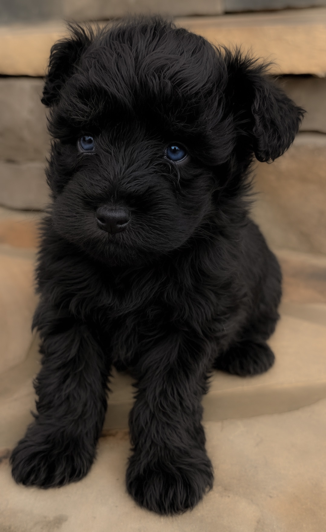 Halo, a solid black Miniature Schnauzer puppy with striking double blue eyes, sitting on stone steps