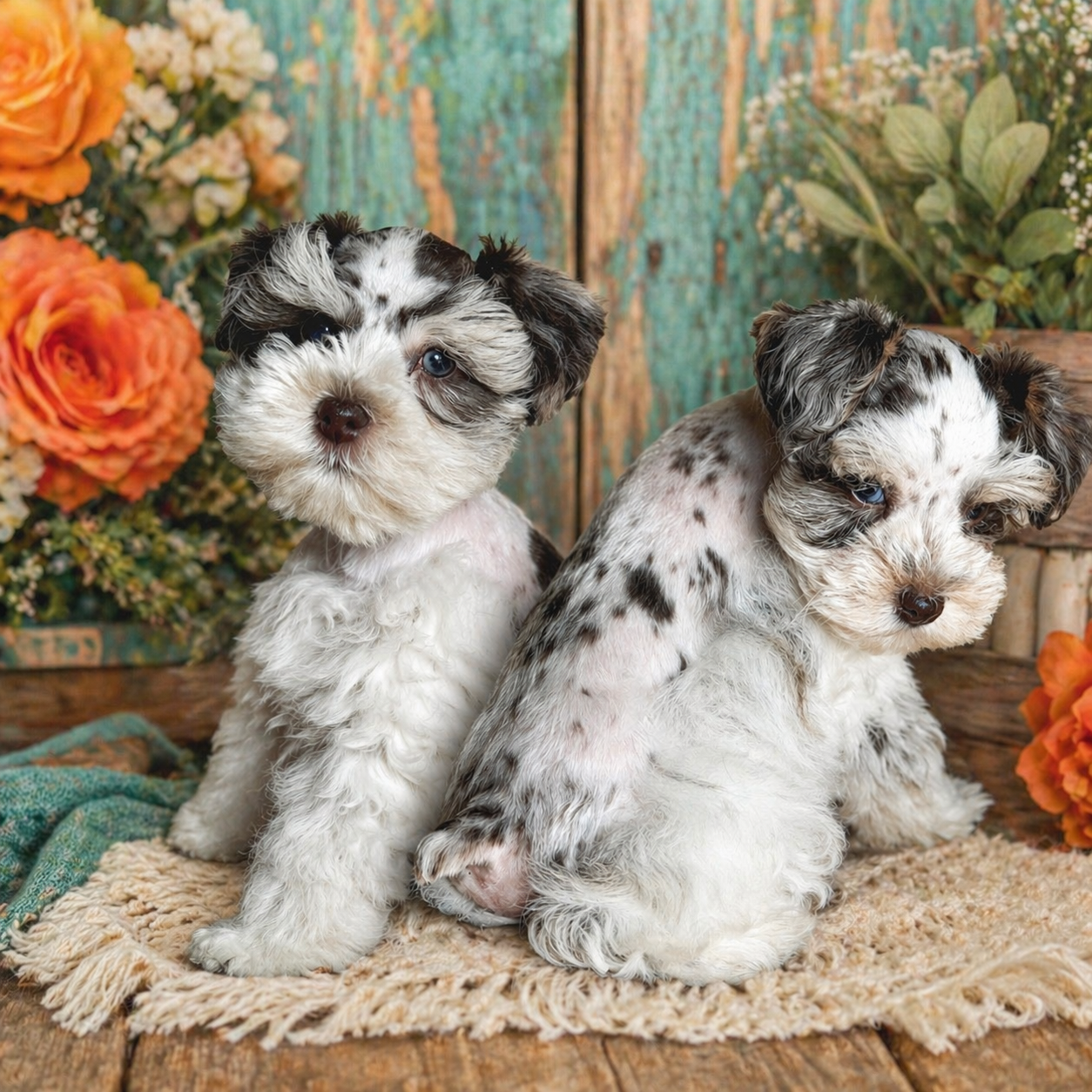 A pair of past merle Mini Schnauzer puppies posing together with flowers