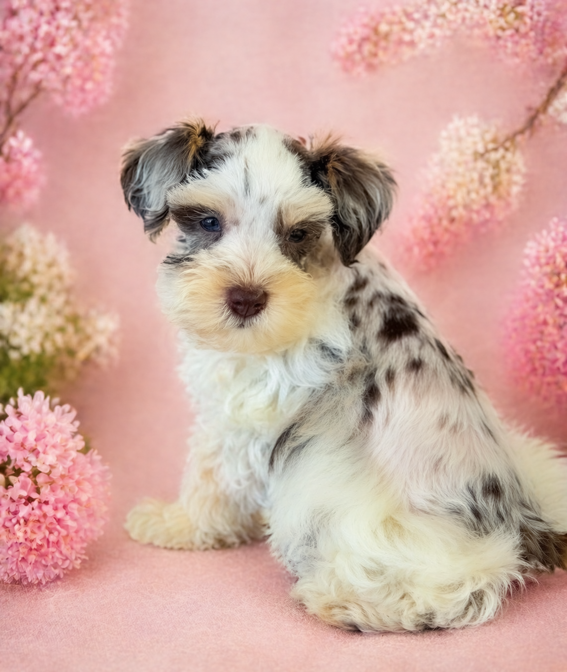A past merle Mini Schnauzer puppy on a soft pink backdrop