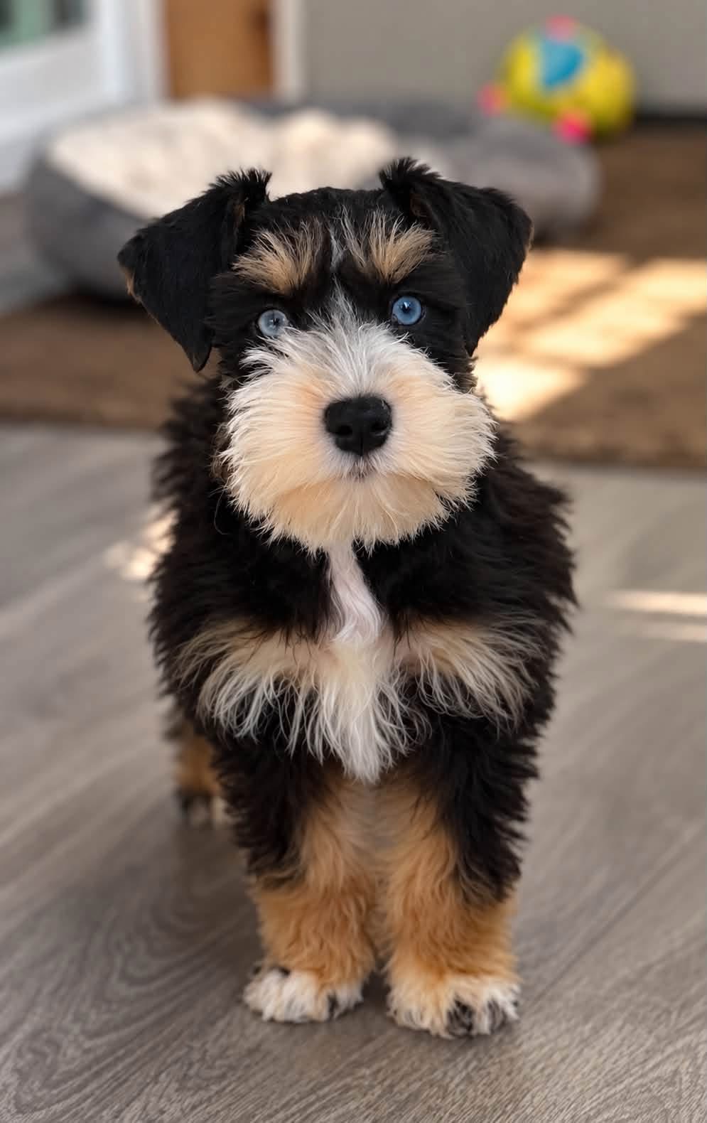 Black and tan Miniature Schnauzer puppy with a white chest standing indoors