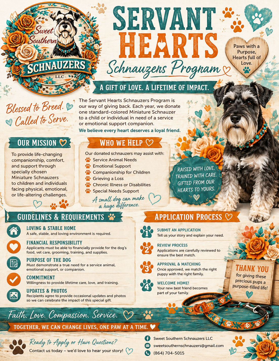 Servant Hearts Schnauzers Program flyer: a gift of love, a lifetime of impact. Mission, who we help, guidelines, and application process.